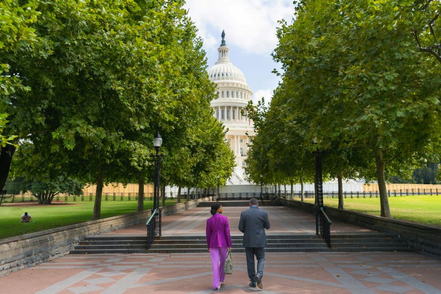 Two people walking on a brick sidewalk surrounded by green trees