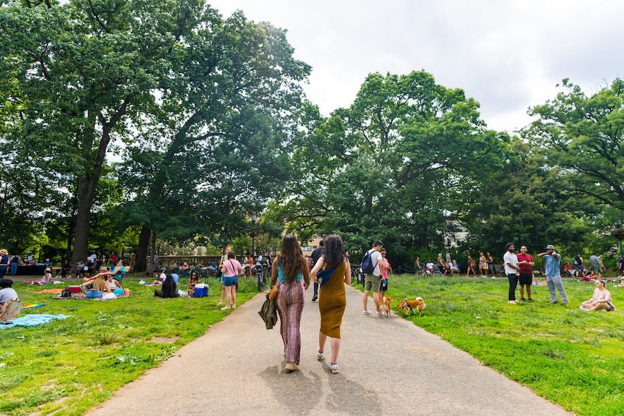 People gather on the grass and pathways of Meridian Hill/Malcolm X Park during a lively festival.