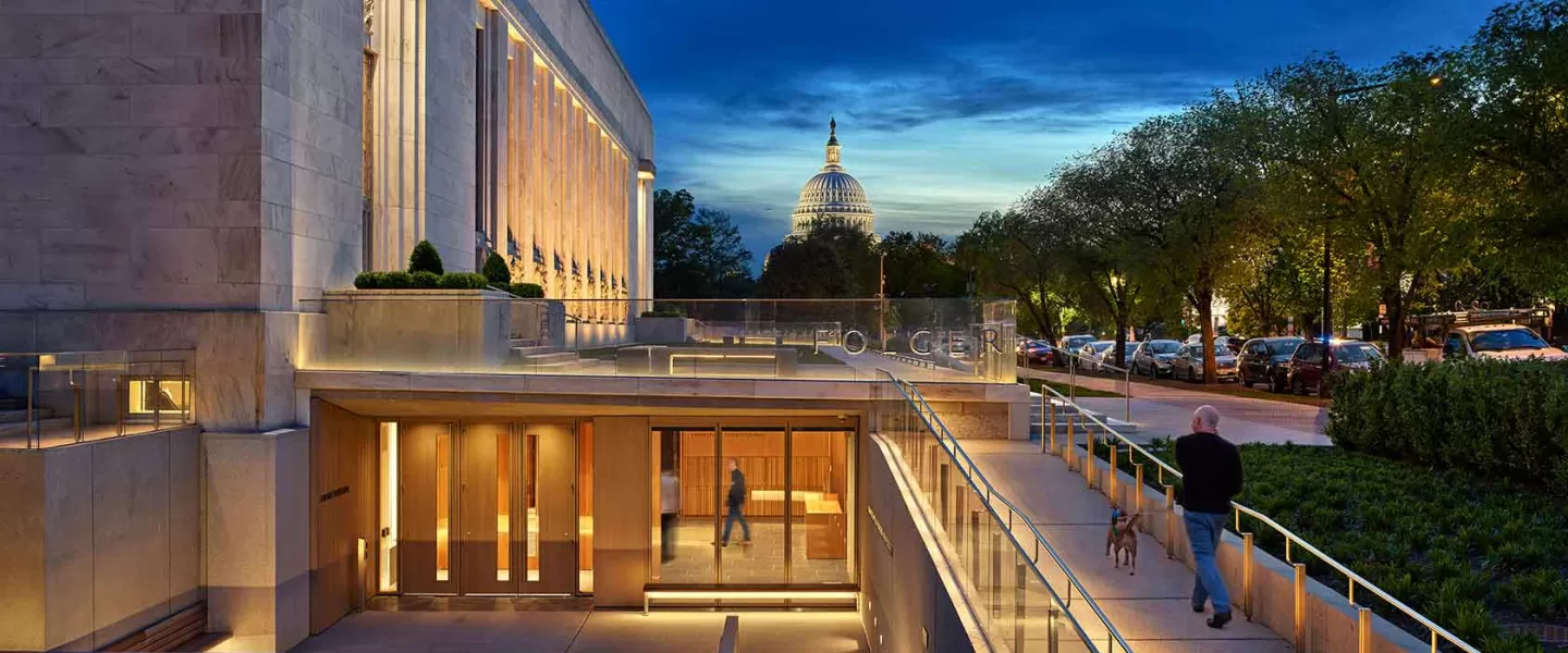 Folger Shakespeare Library’s East Entrance at night, with view of the Capitol Building. Photo © Alan Karchmer.