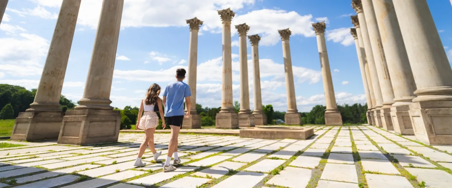 A couple walks hand-in-hand through the towering Capitol Columns at the U.S. National Arboretum on a sunny day.