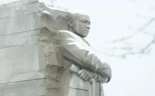 Martin Luther King Jr Memorial in Washington, DC with a coat of snow. 