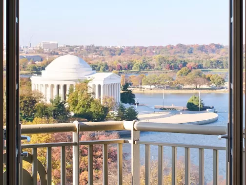 A view of the Jefferson Memorial from a hotel window.